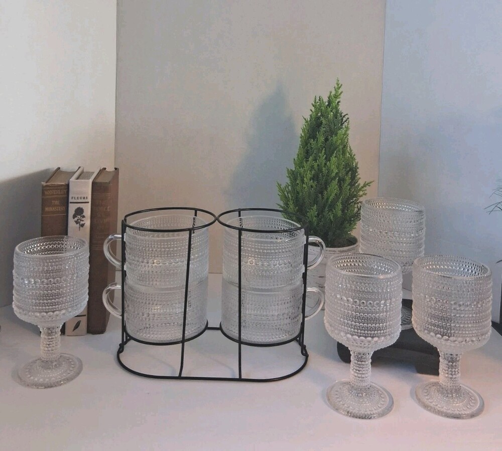 VTG Clear Glass Stackable Coffee Mugs Set of 4 with Metal Rack